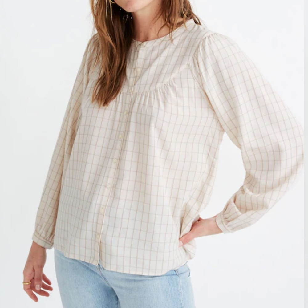 Madewell Windowpane Balloon Sleeve Peasant Top